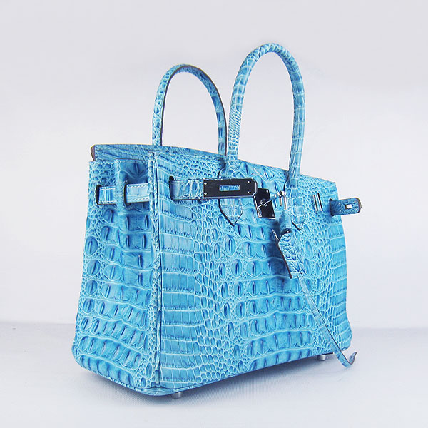 Replica Hermes Birkin 30CM Crocodile Head Veins Bag Light Blue 6088 On Sale - Click Image to Close